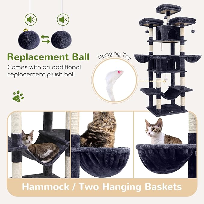 Globlazer Big Cat Tower for Indoor Cats, 80inch Cat Tower for Multiple Adult Cats XXL Cat Tree with Scratching Post, Hammock, 3 Perches, 2 Condos, 2 Hanging Basket, F80, Dark Grey