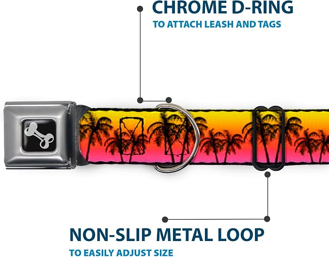 Dog Collar Seatbelt Buckle Palm Trees Sunset Fade Black 15 to 26 Inches 1.0 Inch Wide, Large, DC-W34296-L | Palm Trees Sunset Fade Black Durable Metal Adjustable ID Tag Ring