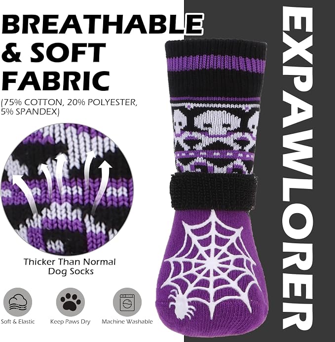EXPAWLORER Halloween Anti Slip Dog Socks to Prevent Licking Paws, Boots & Paw Protectors with Spider Web Grippers,Doggie Booties for Hardwood Floors for Small Medium Large Senior Dogs Purple Ghost S