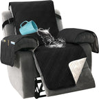 H.VERSAILTEX 100% Waterproof Slip Covers for Recliners with Arms 1-Piece Reversible Recliner Covers for Large Recliner with Elastic Straps Sitting Width Up to 28" (Oversized Recliner, Black/Beige)