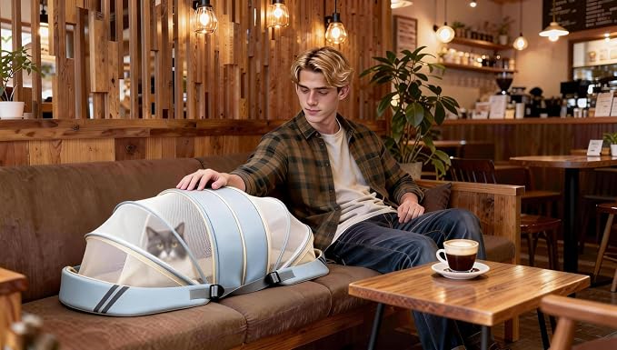 Interactive Expandable Pet Carrier Backpack for Cats & Small Dogs-Interactive Opening Pet Tent Backpack. Expandable for Extra Space.Breathable,Foldable Nest Bed for Travel, Walks,Vet & Home-Blue