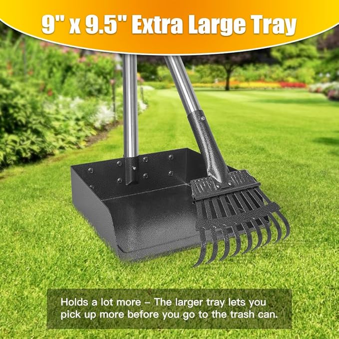 TOOGE Larger Pooper Scooper for Large Dogs Long Handle Stainless Metal | Dog Pooper Scooper for Large Medium Small Dogs Tray and Rake Set Heavy Duty