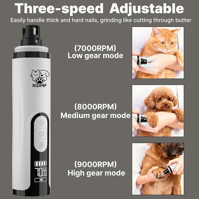 Dog Nail Grinder Whisper Quiet with Light for Sensitive Pets | 3-Speed Cat & Dog Nail Trimmers, Safe Painless Paws Grooming & Smoothing for Small Middle Large Pets (2 Replacement Head)