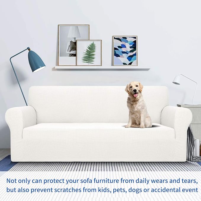 MAXIJIN Super Stretch Couch Cover for 3 Cushion Couch, 1-Piece Universal Sofa Covers Living Room Jacquard Spandex Furniture Protector Dogs Pet Friendly Fitted (Extra Large, White)