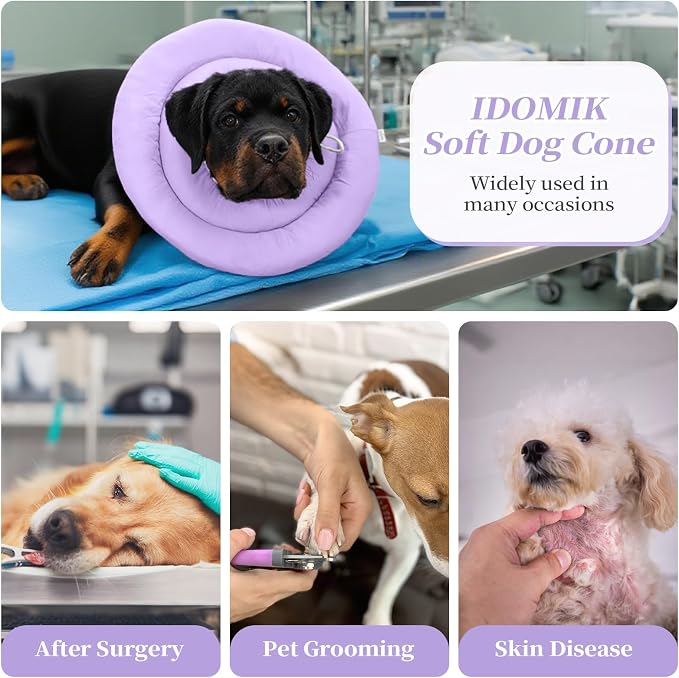 IDOMIK Dog Recovery Collar, Waterproof Soft Dog Cone After Surgery | Comfy Protective Elizabethan Collar Alternative for Dogs Cats, Adjustable Pet Neck Donut Cone Anti-Licking Wounds,Purple,L