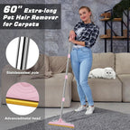 Carpet Rake for Pet Hair Removal, Carpet Scrape for Rug Pink | Reusable Pet Hair Remover, 60" Adjustable Long Handle,for Dog Cat Hair, For Rugs, Mats, Couch, Furniture