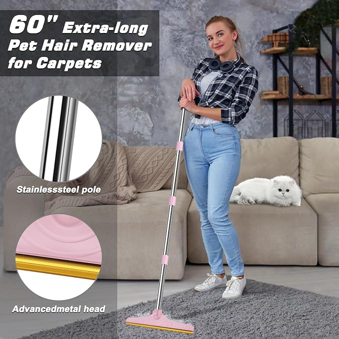 Carpet Rake for Pet Hair Removal, Carpet Scrape for Rug Pink | Reusable Pet Hair Remover, 60" Adjustable Long Handle,for Dog Cat Hair, For Rugs, Mats, Couch, Furniture