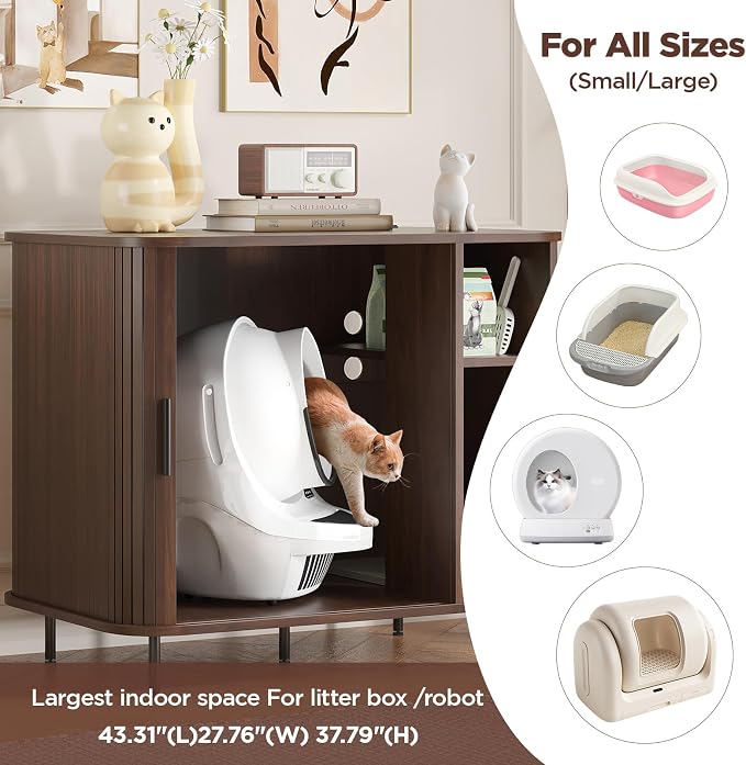 Large Litter Box Enclosure with Charging Station for Automatic Litter Box & Cat Robot 3/4, Hidden Litter Box Furniture with Dog-Proof Shelf, Scratch Pad, Wooden Cat Box Enclosure, Walnut