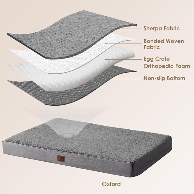 EHEYCIGA Orthopedic Dog Bed Large with Removable Washable Cover,Grey,47x29 | Egg Crate Foam Support,Durable Oxford fabric,Non-Slip Bottom,Machine Washable,Soft Waterproof Plush Pet Bed Mat For Crate