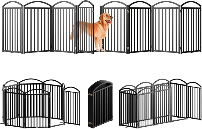 SNUOWU 8 Panels Full Matel Freestanding Dog Gates with Door, 192"Extra Wide 36"Tall Free Standing Dog Pet Gate for Indoor & Outdoor. Foldable Pet Fences for Doorways, House, Stairs, Porch, Deck, Yard
