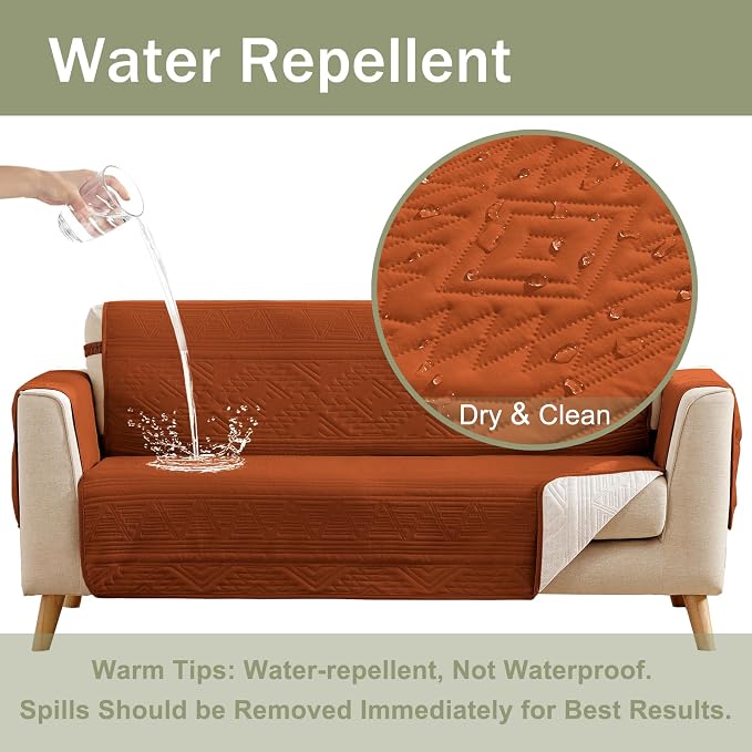 Boho Orange Loveseat Covers for 2 Cushion Couch, Water-Repellent Aztec Covers for Love Seat, Washable Quilted Couch Covers, Pet Friendly Loveseat Slipcovers (Loveseat 48", Burnt Orange)