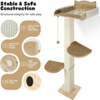 Solid Wood Cat Window Perch with 2 Jumping Platforms, Cat Hammock for Window with Scratching Post, Sisal Tall Cats Scratching Post with Large Perch, Wooden Cats Window Bed with 2 Suction Cups