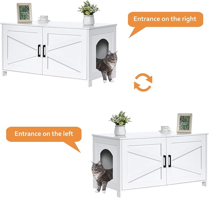 Homhedy 39.4" L Cat Litter Box Enclosure with Barn Door, White | Wooden Cat Washroom Furniture, Cat House, Pet Storage Cabinet, Dog-Proof, Fit Most of Litter Box, Farmhouse Style