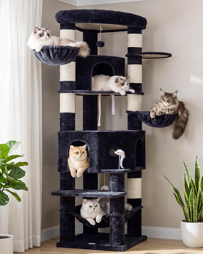 Cat Tree, 81.1" Skyward Corner Cat Tower for Large Cats VCT031G | Space-Smart Cat Furniture with Diamond Hideout, Grand Platform, Firm Base, 3 Soft Hammock & Pet Relax Station, Dark Gray