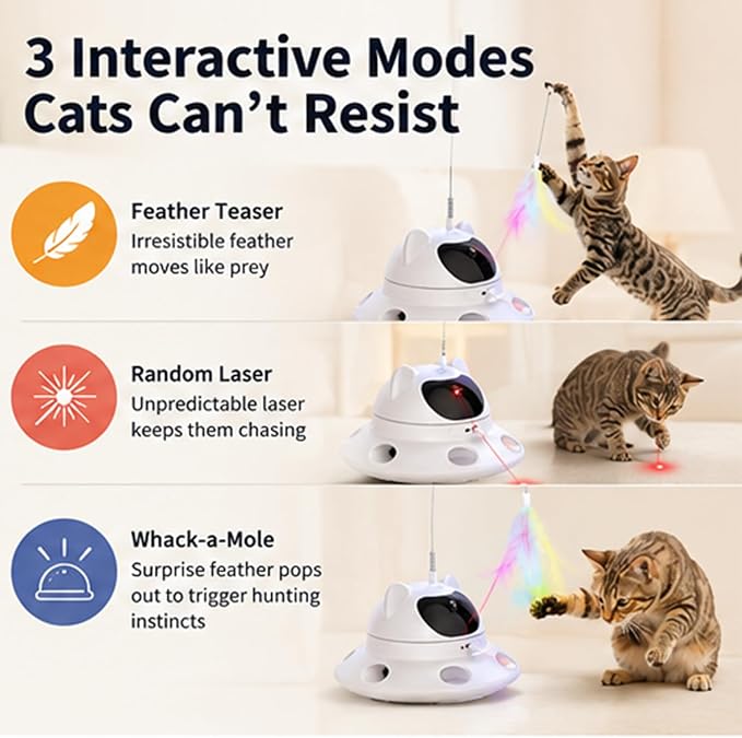 3-in-1 Auto Laser Cat Toy, USB Recharge Motion Activated Kitten Feather Chase Toy - Off-White