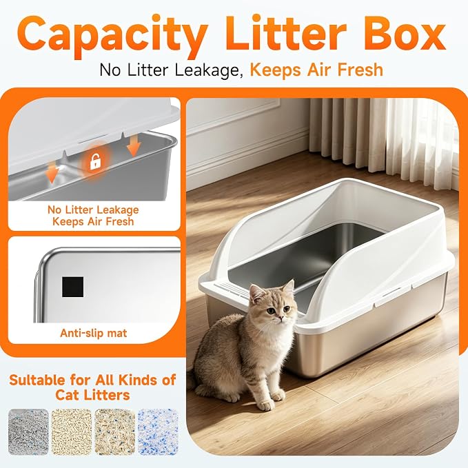Stainless Steel Cat Litter Box with Scoop, Metal Litter Pan, Medium | High Sides Prevent Scatter & Urine Splashes; Angled Anti-Tracking Step; Non-Porous Odor-Free Base; Easy Low Front Entry