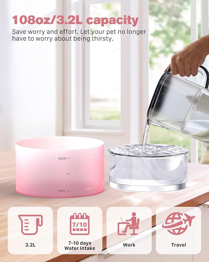 Pink Cat Water Fountain: Super Silent Cats Fountain | 108oz/3.2L Pet Water Fountains for Cats Indoor Faucet Cat Fountain for Cats and Dogs