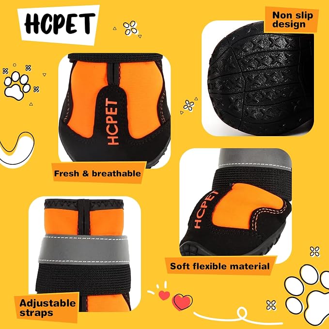 Hcpet Dog Boots, Dog Shoes for Large Dogs, Medium Dog Boots & Paw Protectors, Anti-Slip Dog Booties for Hot Pavement Winter Snow Hiking with Reflective Straps Orange Size 3