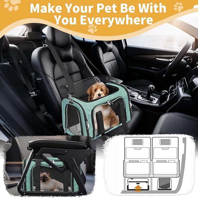 Soft-Sided Cat/Dog/Pet Carrier, Collapsible Pets Travel Carriers for Big Cats/Small Dogs with Shoulder Strap & Removable Mat, Mesh Puppy Carry Bag, Up to 16 Lbs, TSA Airline Approved(Turquoise)