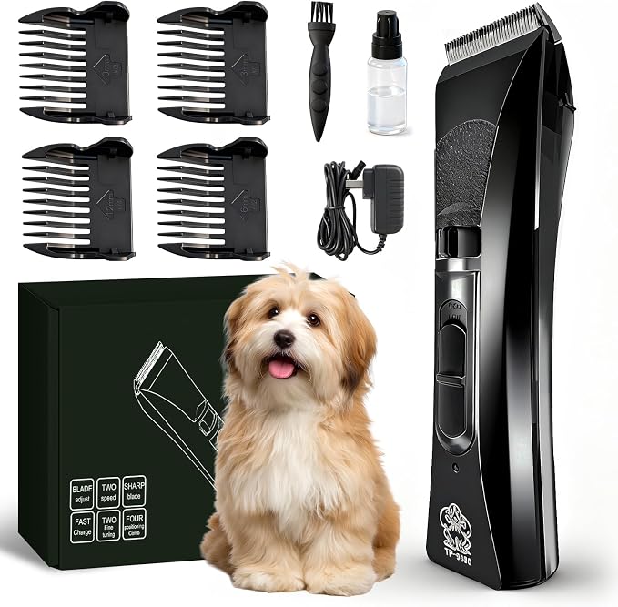 Tife Low Noise Dog Clipper – Cordless Pet Grooming Kit with Rechargeable Battery, Quiet Electric Hair Trimmer for Thick Coats, Adjustable Blade Pet Shaver for Dogs & Cats(Black)