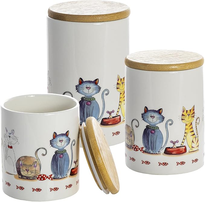 SPOTTED DOG GIFT COMPANY Canisters Sets for the Kitchen Countertop, 3-Piece Airtight Ceramic Food Storage Containers with Lids for Coffee Tea Sugar, Gifts for People Who Love Cats