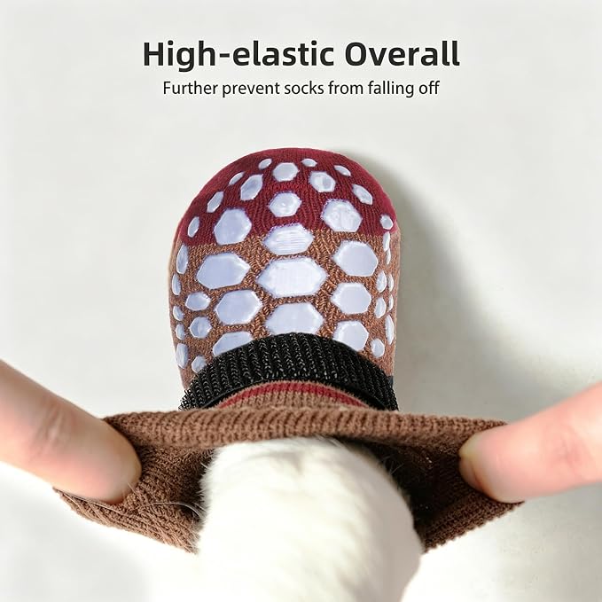 PUPTECK Anti-Slip Dog Socks with Double Sides for Small Medium Large Dogs Hardwood Floors Prevents Licking, Dog Shoes for Hot Pavement Traction Control Paw Protector for Senior Dogs, Striped Brown M