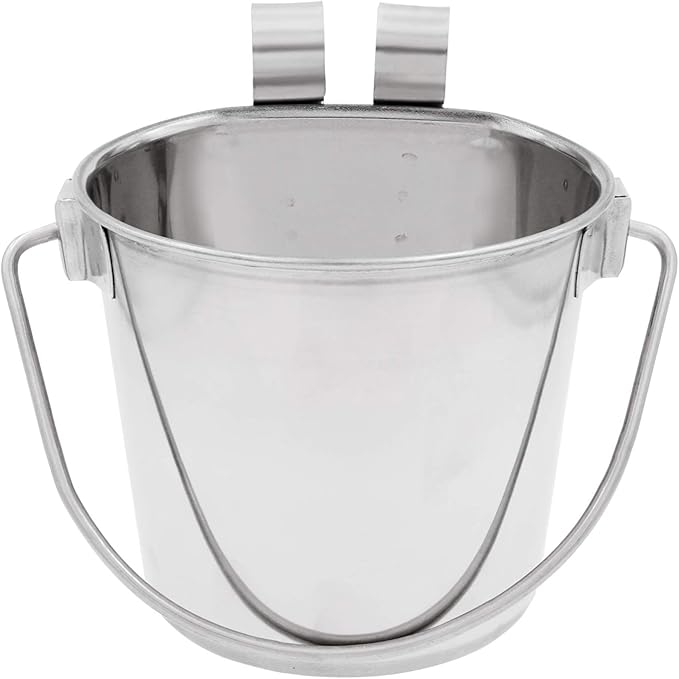 Flat Sided Pail with Dual Hooks, Snugly Fit On Dog, Cat and Critter Crates & Cages, Heavy Duty Stainless Steel | 6 Quart (PN: FSP-6)