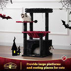 Heybly Cat Tree, Kitten Tower with Large Soft Cat Basket HCT008SBR | Cat Condo with Spacious Cat Bed Cave with Hidden Space, Sisal Scratching Posts, Dangling Ball for Indoor Cats, Black and Red