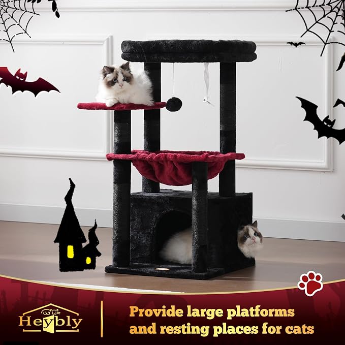 Heybly Cat Tree, Kitten Tower with Large Soft Cat Basket HCT008SBR | Cat Condo with Spacious Cat Bed Cave with Hidden Space, Sisal Scratching Posts, Dangling Ball for Indoor Cats, Black and Red
