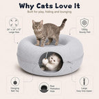 Felt Cat Tunnel for Large Indoor Cats, 24" x 24" x 12" Peekaboo Cave Bed | Light Grey 24" x 24" x 12" sturdy 1300g felt cave with 7" entrance, rear peek hole, large zipper and hanging ball.