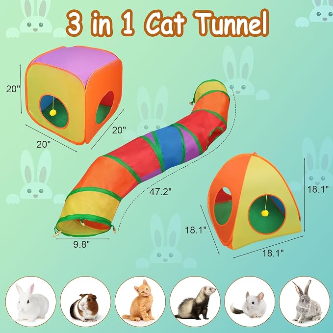 Rypet Cat Toy Tunnel and Cubes Bundle, Play Tubes for Indoor Cats,Rainbow | 3-in-1 Tunnel Cubes Tent, Crinkle Tube for Play, DIY Shapes, Ball and Bell for Play, Tear-Resistant Polyester, Folds Flat