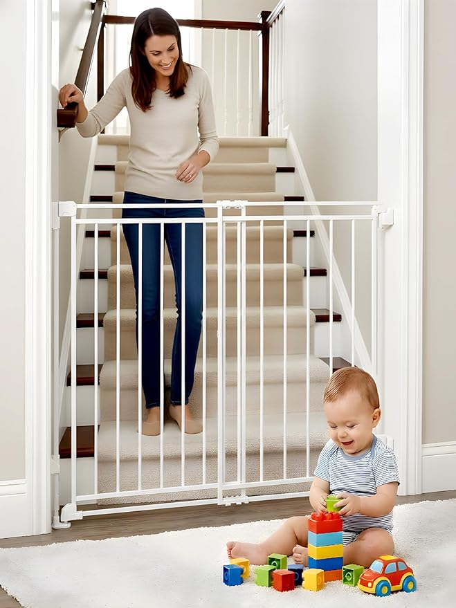 39" Extra Tall Baby&Dog Gate,32-54" Wide Hardware Mount Gate,White | Auto-Close design,Two-Way Swing, No Bottom Bar,Must Drill to Install