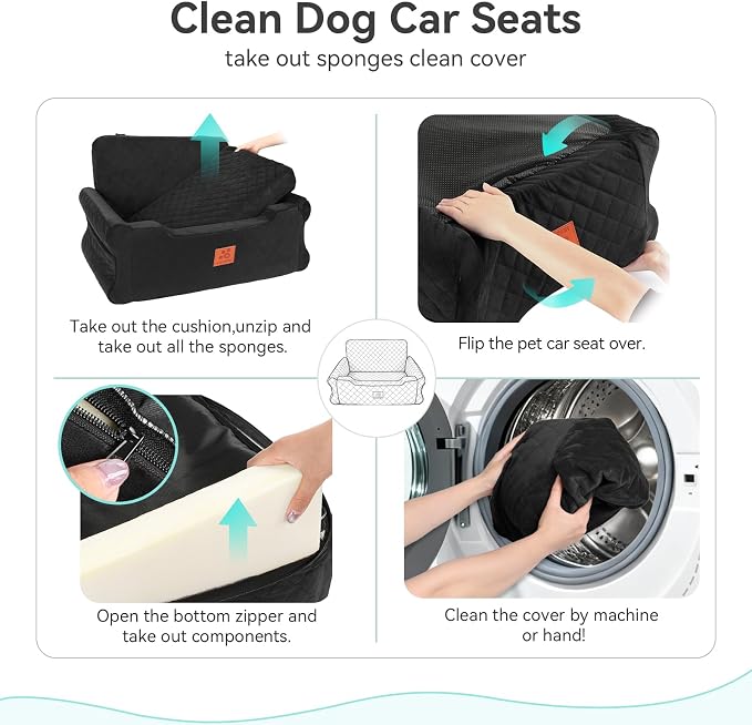 XIEEAOZEE Dog Car Seat for Large/Medium Dogs Up to 55 Lbs, Soft Fabric Car Dog Bed Filling Memory Foam, Removable and Washable Pet Booster Carseat with 2 Safety Leashes, Thick Cushion (Black)