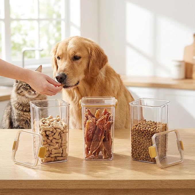 3Pack Pet Food Storage Containers, Airtight Dog Food Storage Container with Locking Clips, Dog Treat Container with a Stickers & Pen for Customizing, for Pet,Bird Seeds,Dog & Cat Treats(Golden)