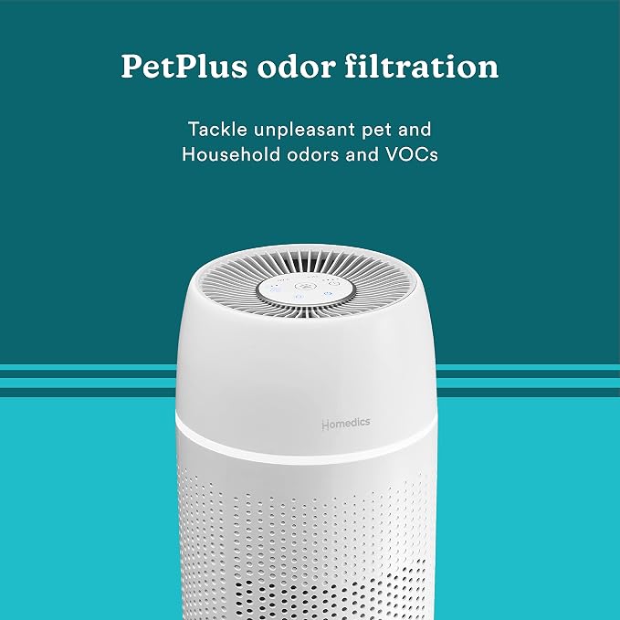 Homedics 5-in-1 PetPlus UV-C Air Purifier, HEPA Filter for 266 Sq Ft Room | Air Purifiers for Pets, Bedroom, and Home with Essential Oil Pads and Built-In Timer, 3 Speed Settings, White