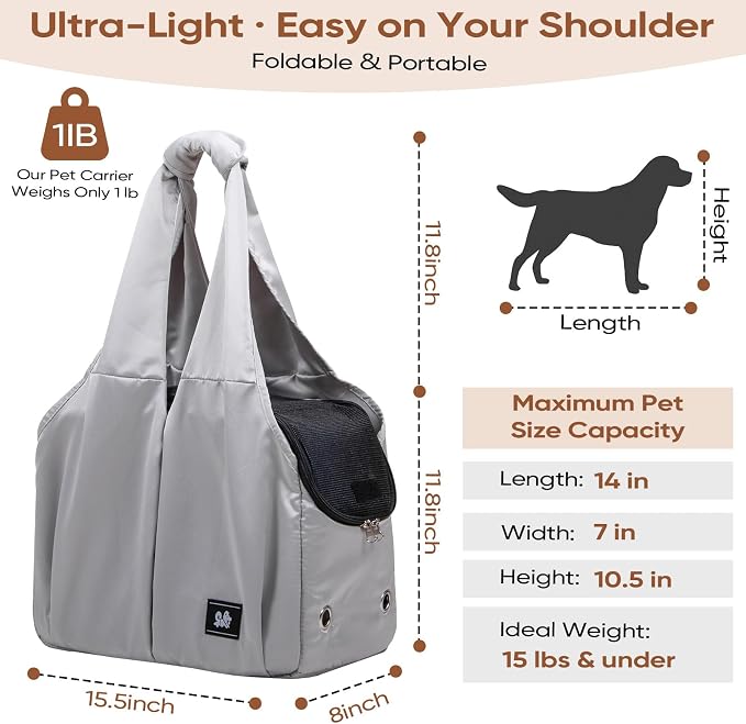 Dog Purse Carrier for Small Dogs, Cats, and Puppies – Soft-Sided Travel Pet Tote Bag with 4 Large Pockets, Foldable, Lightweight, Fits Pets up to 15 lbs, for Travel, Outings (Grey)
