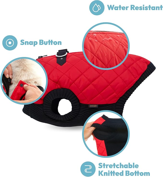 Gooby Fashion Vest Dog Jacket - Red, Medium - Warm Zip Up Bomber Vest with Dual D Ring Leash - Winter Water Resistant Small Dog Sweater