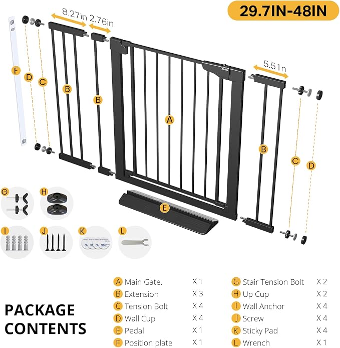 Cumbor Pack of 2 Baby Gate for Stairs, 29.7–48" Pressure Mounted Dog Gate for Doorways, Auto Close Safety Pet Gate Indoor, Easy Walk Thru Wide Child Gate, Black, Mom's Choice Award Winner