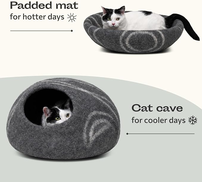 MEOWFIA Cat Cave – Premium Felt Cat Bed Enclosure for Indoor Cats, Handmade Merino Wool (Dark Grey, Large)