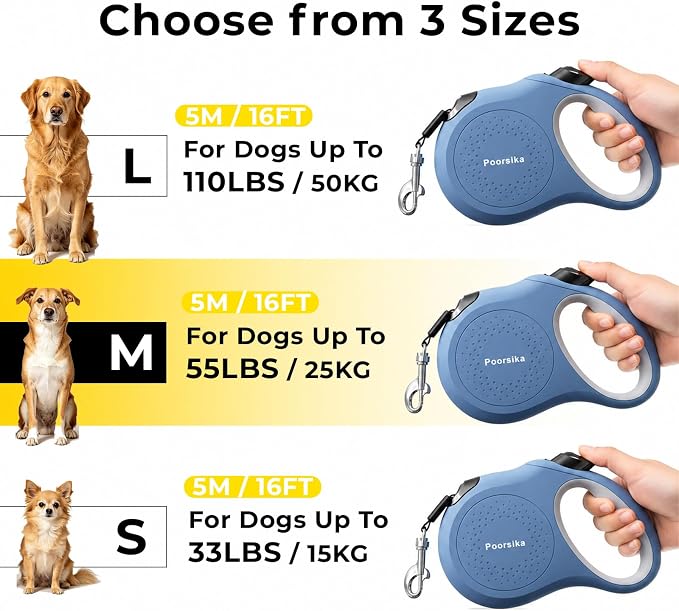 Retractable Dog Leash 16 ft Extendable Leash for Small and Medium Dogs Tangle-Free Nylon Tape One-Hand Brake Lock Walking Lead Up to 55 lbs
