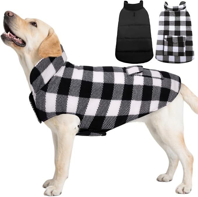ASENKU Dog Winter Coat, Fleece Doggie Jacket Plaid Reversible Vest Waterproof Windproof Cold Weather Clothes for Small Medium Large Dogs (XXL, White) | Windproof Plaid Fleece Lining for Cold Weather, Water-resistant Outer Shell, Puppy Puffer Vest with ...