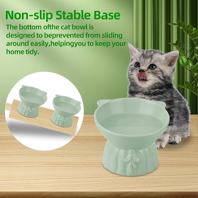 Elevated Cat Bowls 2-Pack, Ceramic Raised Cat Food & Water Dishes - Extra Wide & Shallow Whisker-Friendly Design, Anti-Vomit & Easy Digestion, Lead/Cadmium-Free, Microwave & Dishwasher Safe (Green)