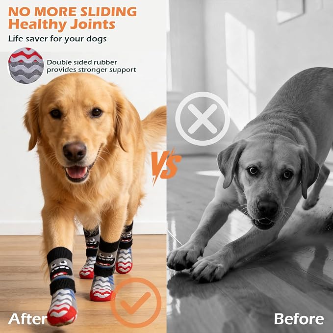 EXPAWLORER Dog Socks to Prevent Licking Paws with Grippers for Hardwood Floors Anti Slip, Cute Double Sides Dog Winter Shoes Booties Boots & Paw Protectors with for Small Medium Large Senior Dogs L