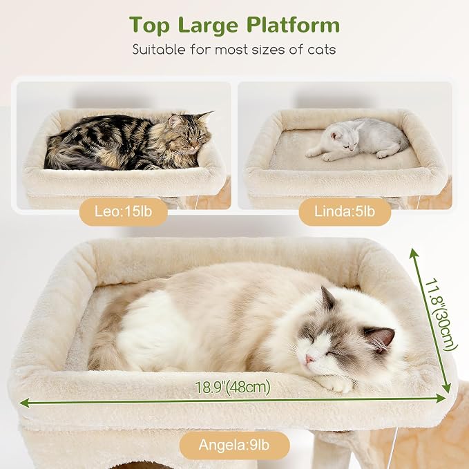 Globlazer F66 Corner Cat Tree, 66in Multi-Level Climbing Tower, Beige | Kitty Condos Cat Scratching Tower for Indoor Multiple Cats with Large Platform, 3 Cat Caves, Hanging Basket