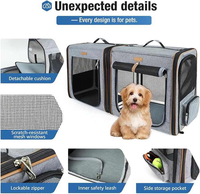 Lekereise Extra Large Cat Carrier for 2 Cats, 2-in-1 Cat Travel Carrier with Litter Box, (20.85" x2) x19.7"x19.7" Pet Carrier with Zipper Locks for Moving Across The Country (No Hammock) - Grey