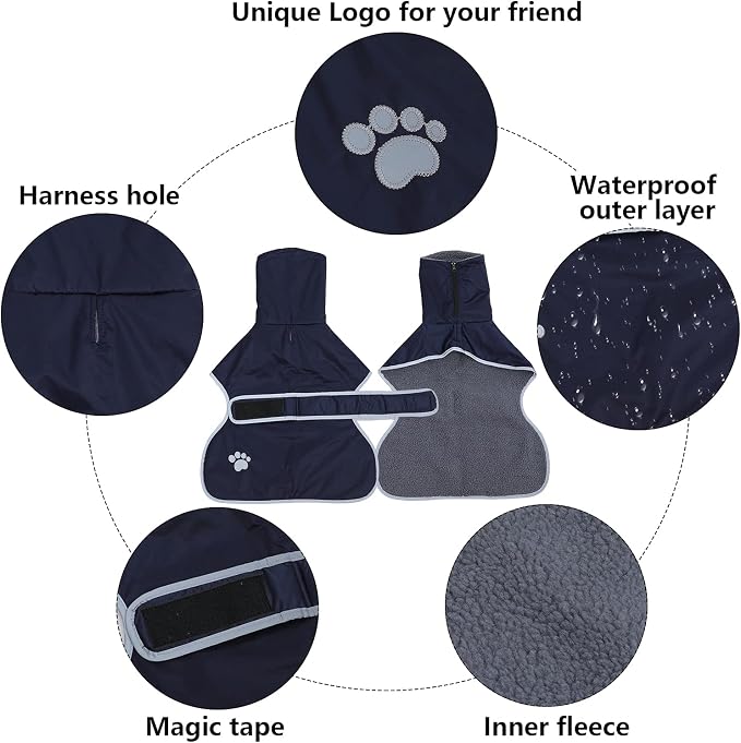 Geyecete Dog Winter Coat Greyhound Raincoat Fabric with Lamb Velvet Inside Outdoor Dog Apparel with Adjustable Bands for Medium, Large Dog-Navy-XXXL