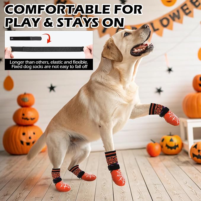 EXPAWLORER Halloween Anti Slip Dog Socks to Prevent Licking Paws, Boots & Paw Protectors with Spider Web Grippers,Doggie Booties for Hardwood Floors for Small Medium Large Senior Dogs Orange Pumpkin L