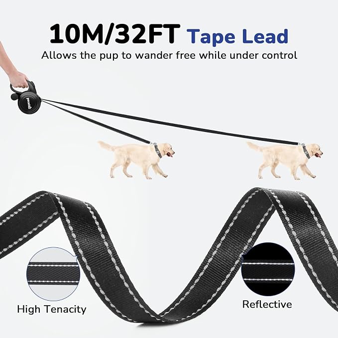 32ft Retractable Dog Leash with Reflective Strips, One-Button Control & Sturdiness Nylon Material, Long Leash Retractable with Poop Bag Holder for Medium Large Dog