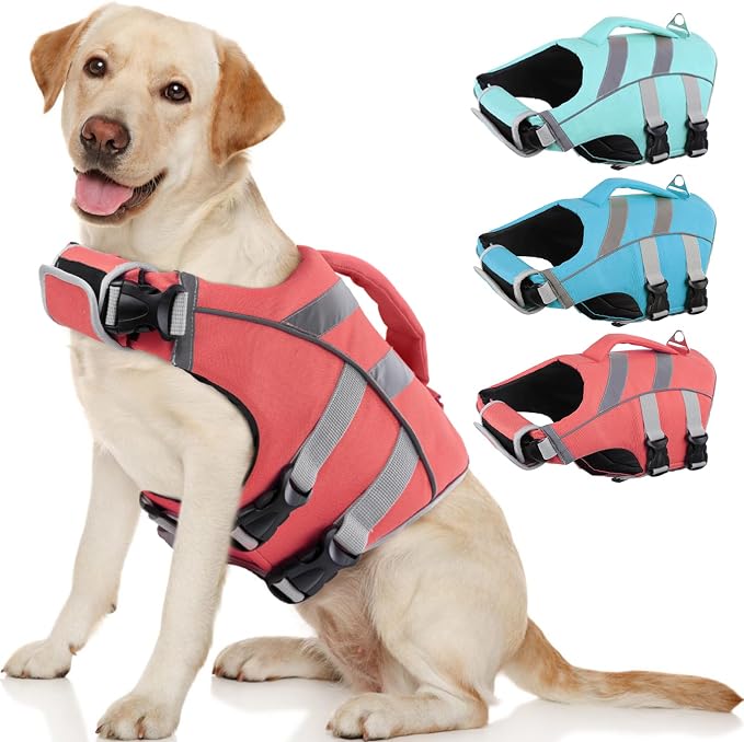 Kuoser Reflective Dog Life Jacket, Dog Life Vest for Swimming Boating | Adjustable Pet Lifejackets, High Flotation Doggie Swimsuit with Rescue Handle for Small Medium Large Dogs