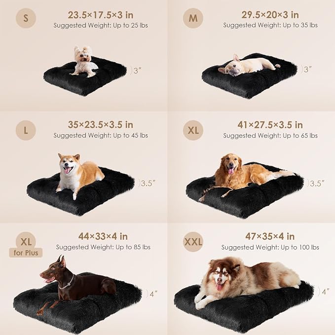 EHEYCIGA Fluffy XXL Dog Crate Pad, Plush Faux Fur Dog Bed for Extra Large Dogs, Calming Anti Anxiety XXL Bed, Washable Soft Warm Crate Mat with Non-Slip Bottom, Black